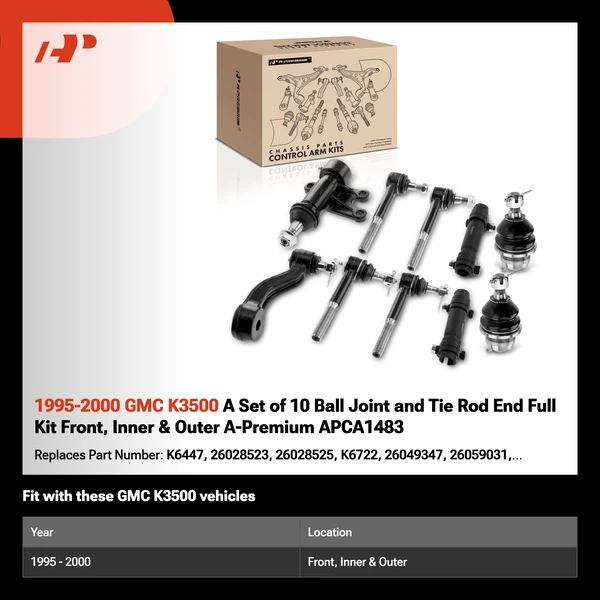 1995-2000 GMC K3500 A Set of 10 Ball Joint and Tie Rod End Full Kit Front, Inner & Outer A-Premium APCA1483