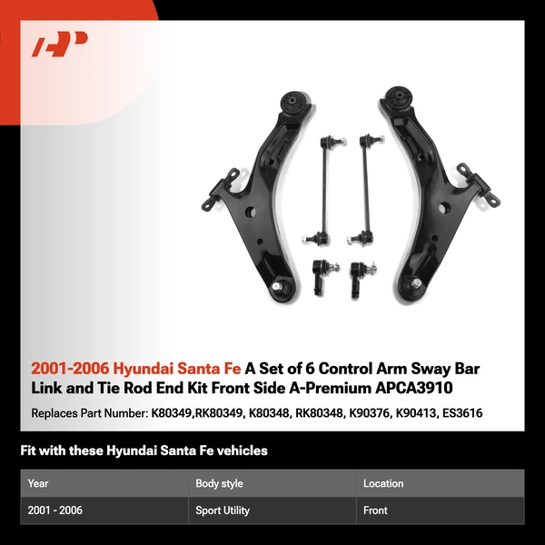 2001-2006 Hyundai Santa Fe A Set of 6 Control Arm Sway Bar Link and Tie Rod End Kit Front Side A-Premium APCA3910