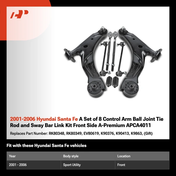 2001-2006 Hyundai Santa Fe A Set of 8 Control Arm Ball Joint Tie Rod and Sway Bar Link Kit Front Side A-Premium APCA4011