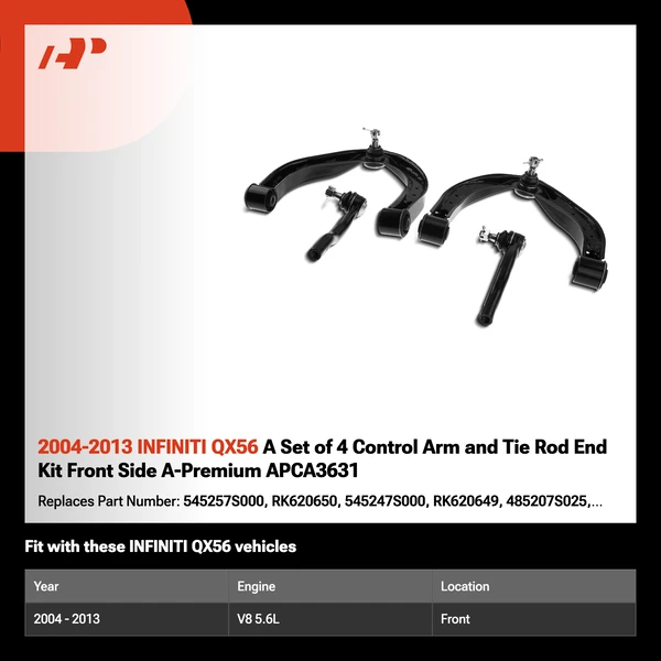 2004-2013 INFINITI QX56 A Set of 4 Control Arm and Tie Rod End Kit Front Side A-Premium APCA3631