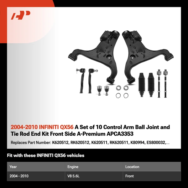 2004-2010 INFINITI QX56 A Set of 10 Control Arm Ball Joint and Tie Rod End Kit Front Side A-Premium APCA3353