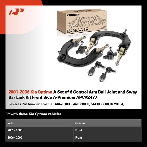2001-2006 Kia Optima A Set of 6 Control Arm Ball Joint and Sway Bar Link Kit Front Side A-Premium APCA2477