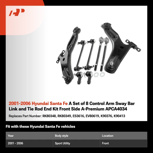 2001-2006 Hyundai Santa Fe A Set of 8 Control Arm Sway Bar Link and Tie Rod End Kit Front Side A-Premium APCA4034