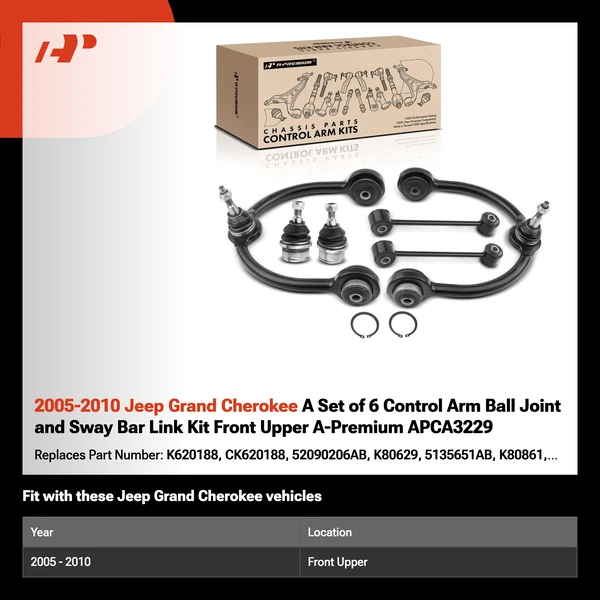 2005-2010 Jeep Grand Cherokee A Set of 6 Control Arm Ball Joint and Sway Bar Link Kit Front Upper A-Premium APCA3229