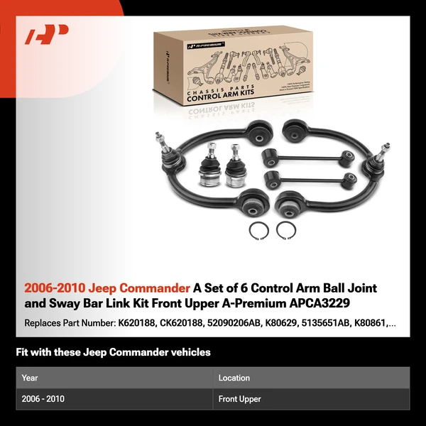2006-2010 Jeep Commander A Set of 6 Control Arm Ball Joint and Sway Bar Link Kit Front Upper A-Premium APCA3229