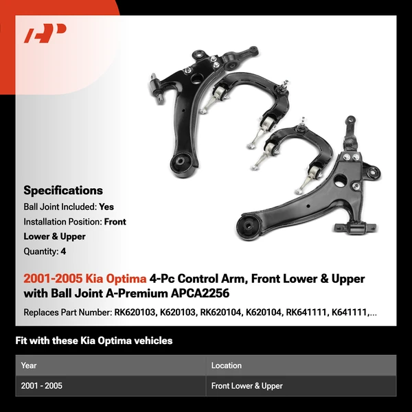 2001-2005 Kia Optima 4-Pc Control Arm, Front Lower & Upper with Ball Joint A-Premium APCA2256
