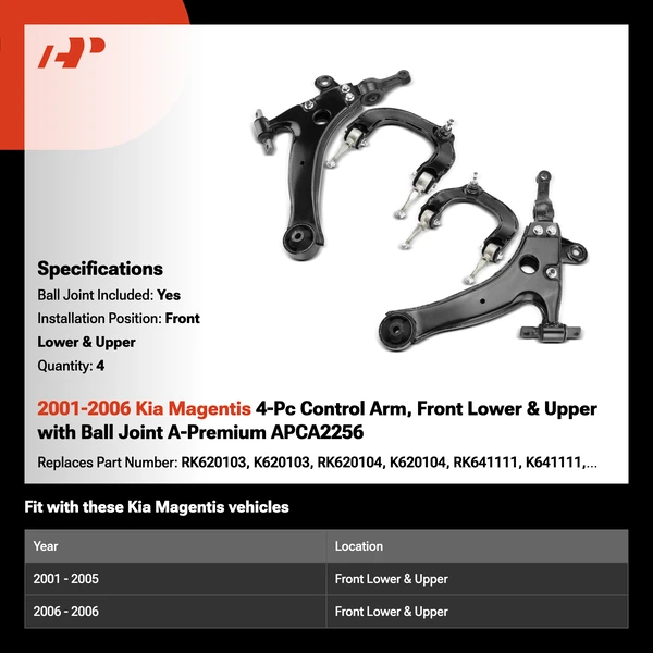 2001-2006 Kia Magentis 4-Pc Control Arm, Front Lower & Upper with Ball Joint A-Premium APCA2256