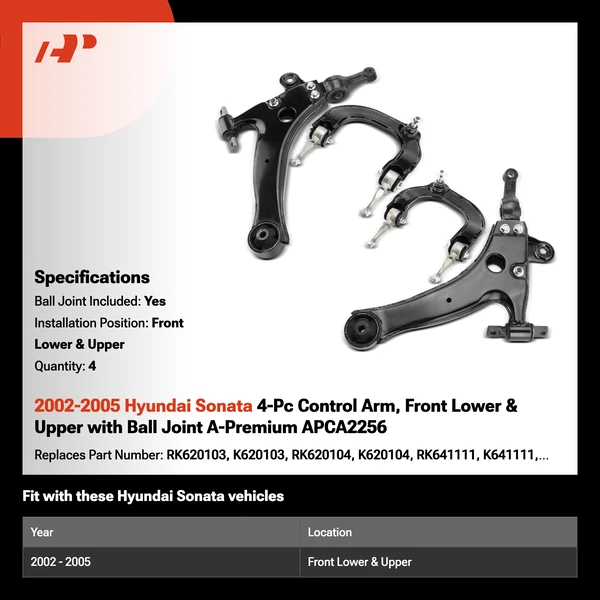 2002-2005 Hyundai Sonata 4-Pc Control Arm, Front Lower & Upper with Ball Joint A-Premium APCA2256