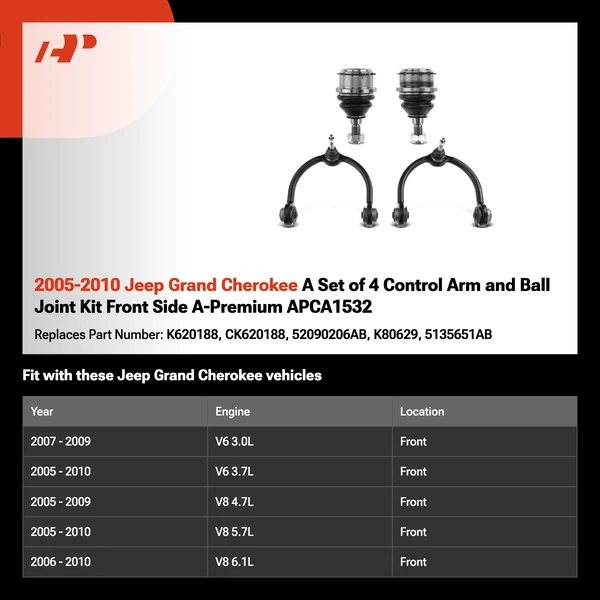 2005-2010 Jeep Grand Cherokee A Set of 4 Control Arm and Ball Joint Kit Front Side A-Premium APCA1532