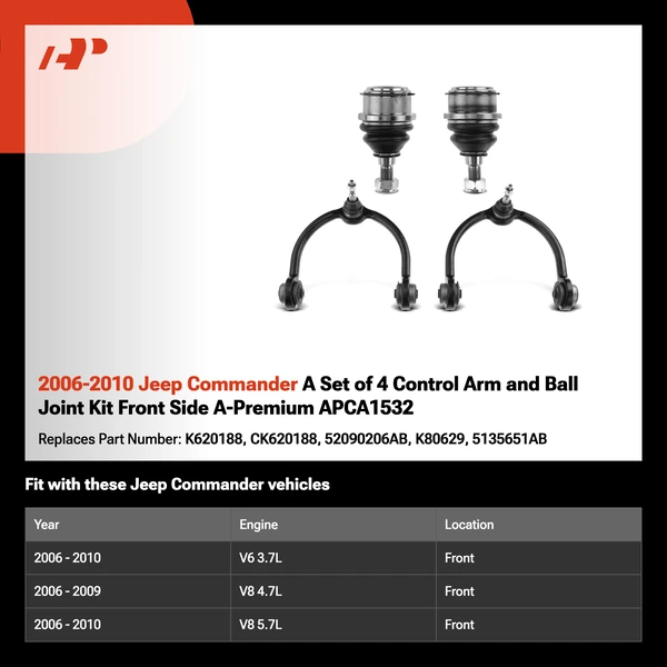 2006-2010 Jeep Commander A Set of 4 Control Arm and Ball Joint Kit Front Side A-Premium APCA1532