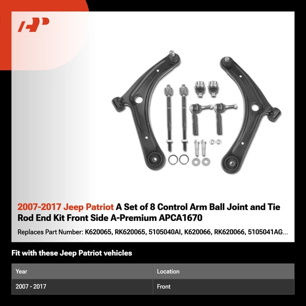 2007-2017 Jeep Patriot A Set of 8 Control Arm Ball Joint and Tie Rod End Kit Front Side A-Premium APCA1670