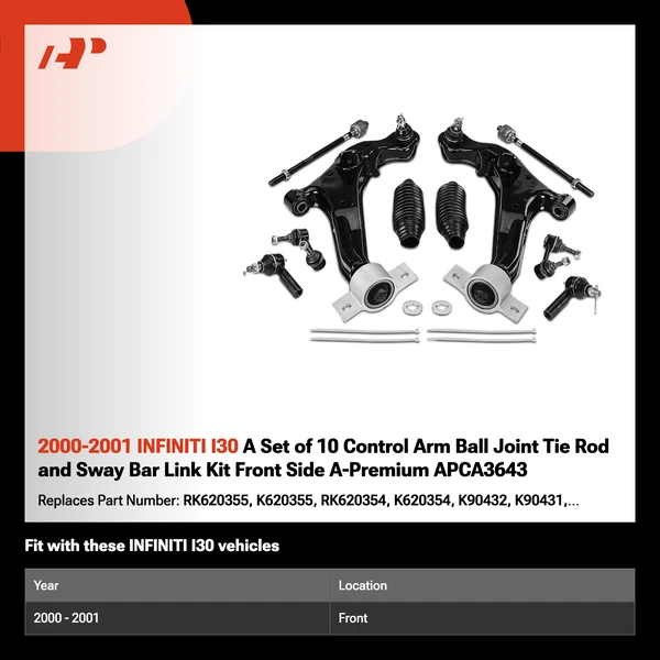 2000-2001 INFINITI I30 A Set of 10 Control Arm Ball Joint Tie Rod and Sway Bar Link Kit Front Side A-Premium APCA3643