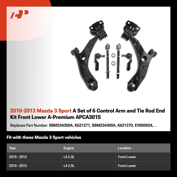 2010-2013 Mazda 3 Sport A Set of 6 Control Arm and Tie Rod End Kit Front Lower A-Premium APCA3015
