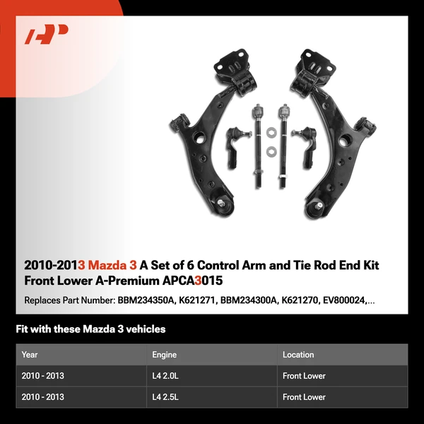 2010-2013 Mazda 3 A Set of 6 Control Arm and Tie Rod End Kit Front Lower A-Premium APCA3015