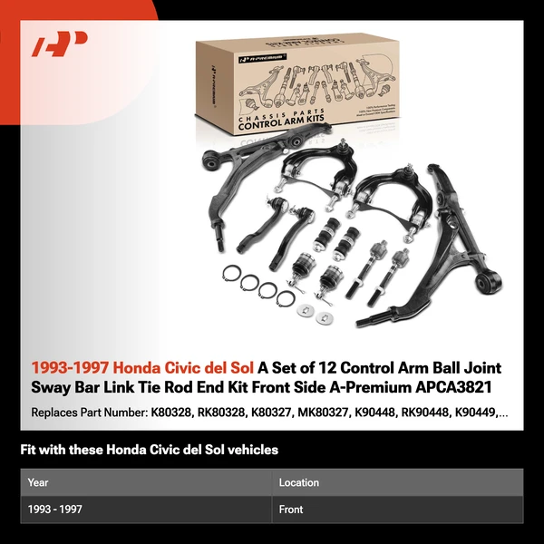 1993-1997 Honda Civic del Sol A Set of 12 Control Arm Ball Joint Sway Bar Link Tie Rod End Kit Front Side A-Premium APCA3821