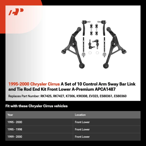 1995-2000 Chrysler Cirrus A Set of 10 Control Arm Sway Bar Link and Tie Rod End Kit Front Lower A-Premium APCA1487