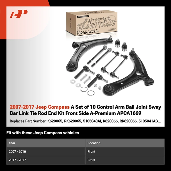 2007-2017 Jeep Compass A Set of 10 Control Arm Ball Joint Sway Bar Link Tie Rod End Kit Front Side A-Premium APCA1669