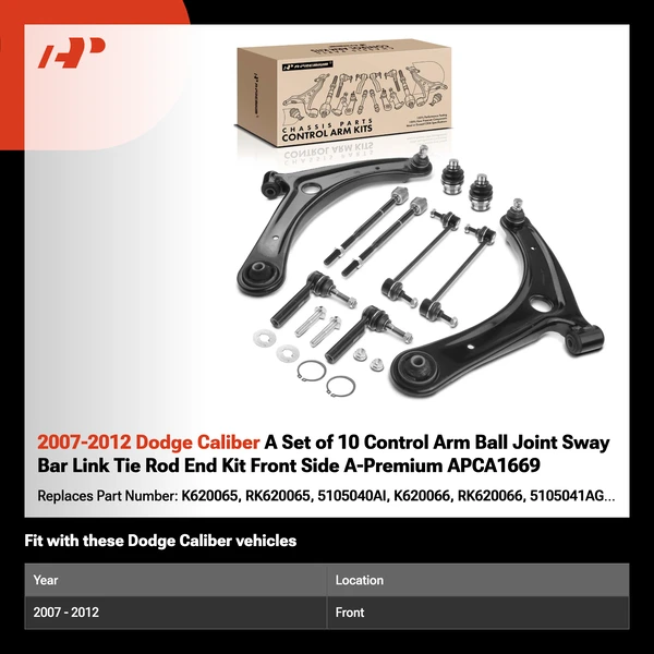 2007-2012 Dodge Caliber A Set of 10 Control Arm Ball Joint Sway Bar Link Tie Rod End Kit Front Side A-Premium APCA1669
