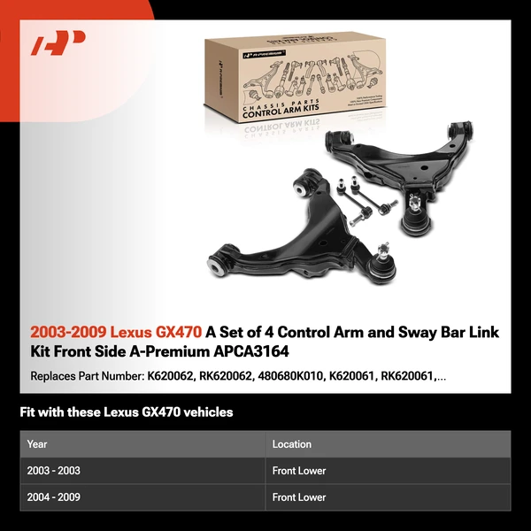 2003-2009 Lexus GX470 A Set of 4 Control Arm and Sway Bar Link Kit Front Side A-Premium APCA3164
