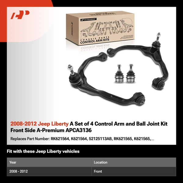 2008-2012 Jeep Liberty A Set of 4 Control Arm and Ball Joint Kit Front Side A-Premium APCA3136