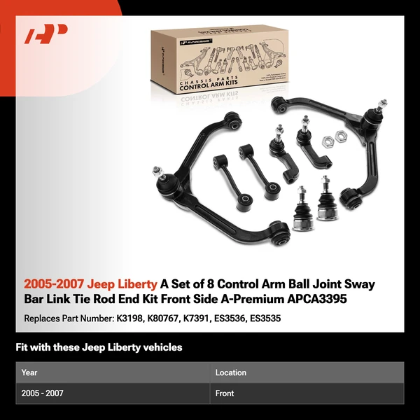 2005-2007 Jeep Liberty A Set of 8 Control Arm Ball Joint Sway Bar Link Tie Rod End Kit Front Side A-Premium APCA3395