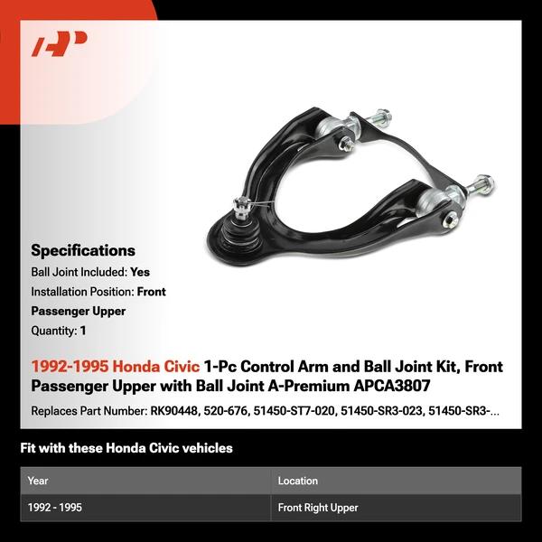 1992-1995 Honda Civic 1-Pc Control Arm and Ball Joint Kit, Front Passenger Upper with Ball Joint A-Premium APCA3807
