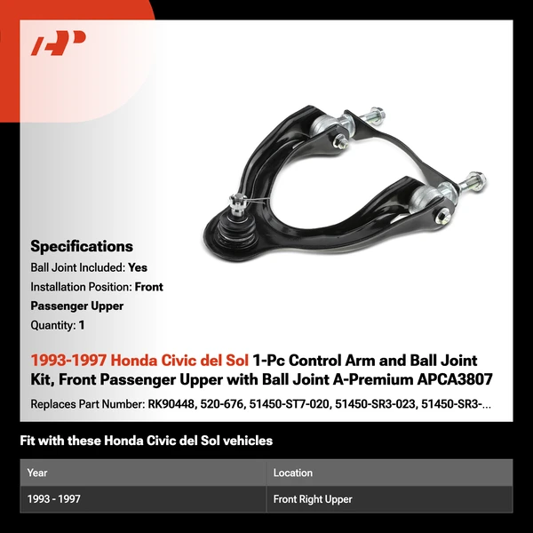 1993-1997 Honda Civic del Sol 1-Pc Control Arm and Ball Joint Kit, Front Passenger Upper with Ball Joint A-Premium APCA3807