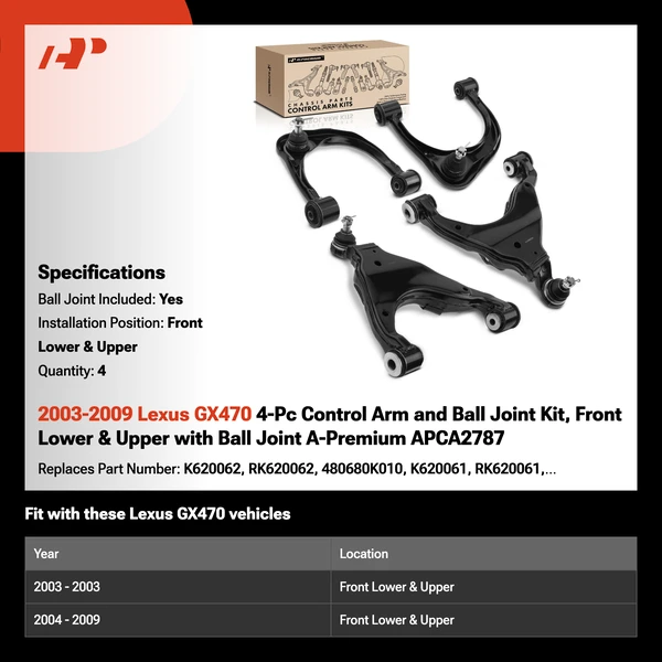 2003-2009 Lexus GX470 4-Pc Control Arm and Ball Joint Kit, Front Lower & Upper with Ball Joint A-Premium APCA2787