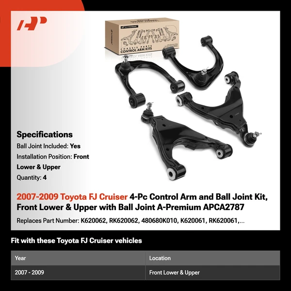 2007-2009 Toyota FJ Cruiser 4-Pc Control Arm and Ball Joint Kit, Front Lower & Upper with Ball Joint A-Premium APCA2787