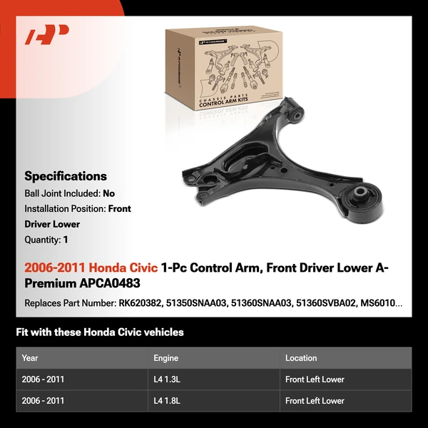 2006-2011 Honda Civic 1-Pc Control Arm, Front Driver Lower A-Premium APCA0483