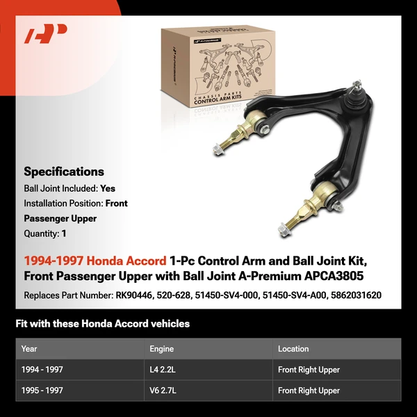 1994-1997 Honda Accord 1-Pc Control Arm and Ball Joint Kit, Front Passenger Upper with Ball Joint A-Premium APCA3805