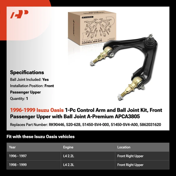 1996-1999 Isuzu Oasis 1-Pc Control Arm and Ball Joint Kit, Front Passenger Upper with Ball Joint A-Premium APCA3805