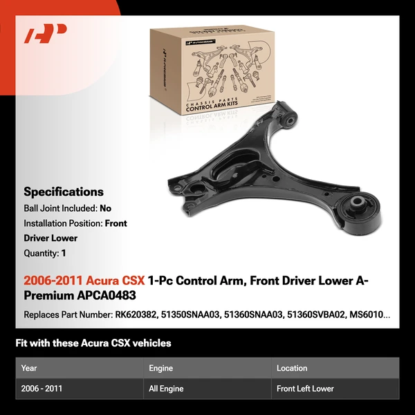 2006-2011 Acura CSX 1-Pc Control Arm, Front Driver Lower A-Premium APCA0483