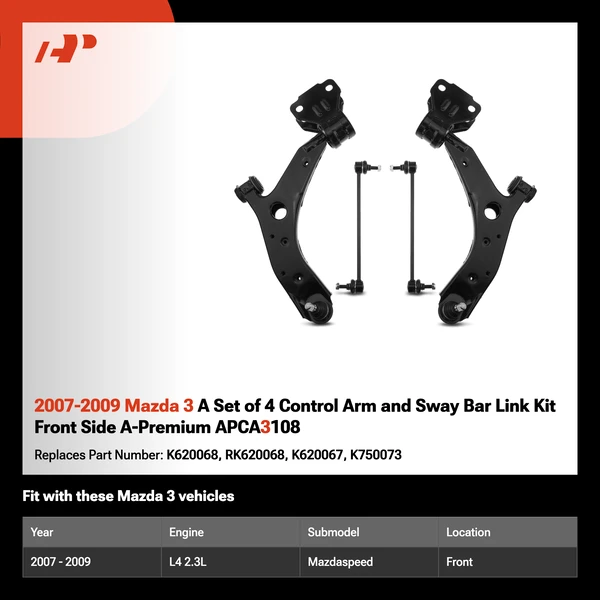 2007-2009 Mazda 3 A Set of 4 Control Arm and Sway Bar Link Kit Front Side A-Premium APCA3108