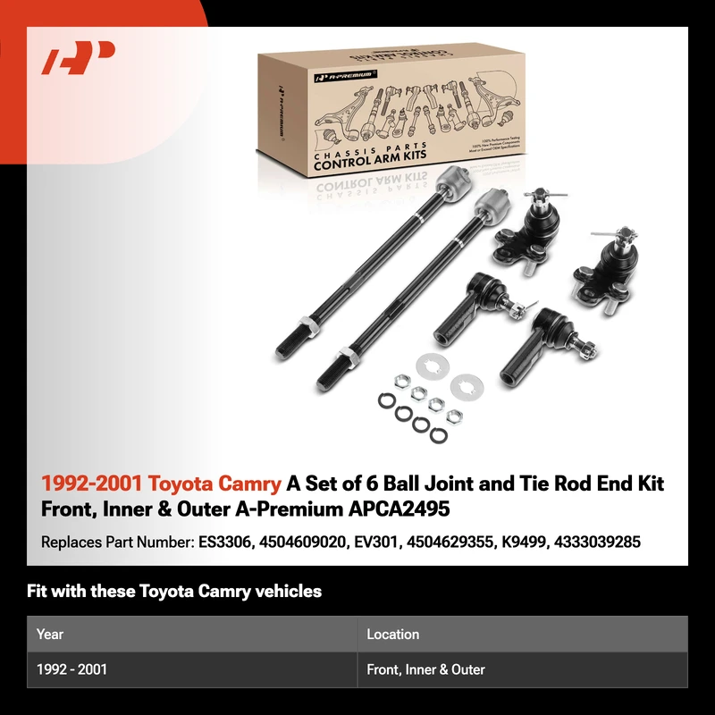 1992-2001 Toyota Camry A Set of 6 Ball Joint and Tie Rod End Kit Front, Inner & Outer A-Premium APCA2495