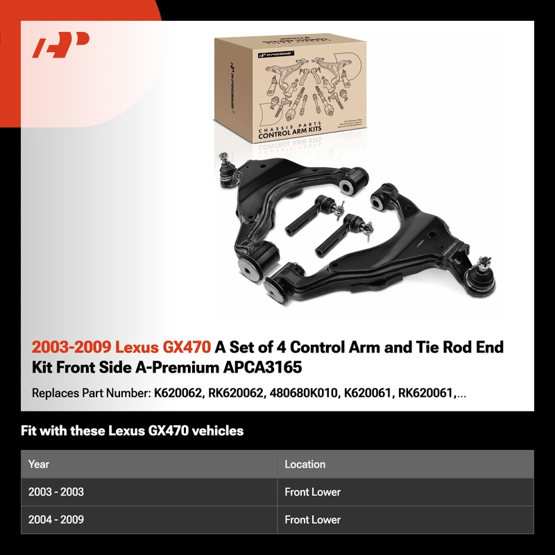2003-2009 Lexus GX470 A Set of 4 Control Arm and Tie Rod End Kit Front Side A-Premium APCA3165