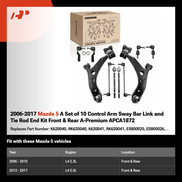 2006-2017 Mazda 5 A Set of 10 Control Arm Sway Bar Link and Tie Rod End Kit Front & Rear A-Premium APCA1872