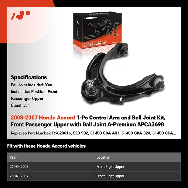2003-2007 Honda Accord 1-Pc Control Arm and Ball Joint Kit, Front Passenger Upper with Ball Joint A-Premium APCA3698
