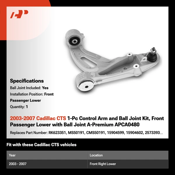 2003-2007 Cadillac CTS 1-Pc Control Arm and Ball Joint Kit, Front Passenger Lower with Ball Joint A-Premium APCA0480