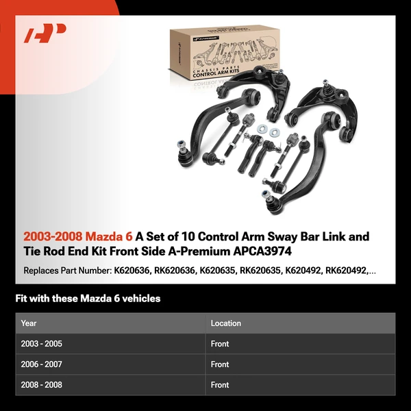 2003-2008 Mazda 6 A Set of 10 Control Arm Sway Bar Link and Tie Rod End Kit Front Side A-Premium APCA3974