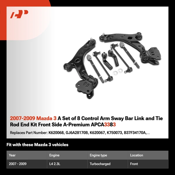 2007-2009 Mazda 3 A Set of 8 Control Arm Sway Bar Link and Tie Rod End Kit Front Side A-Premium APCA3383