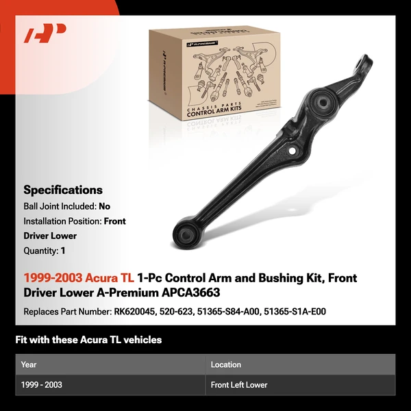 1999-2003 Acura TL 1-Pc Control Arm and Bushing Kit, Front Driver Lower A-Premium APCA3663