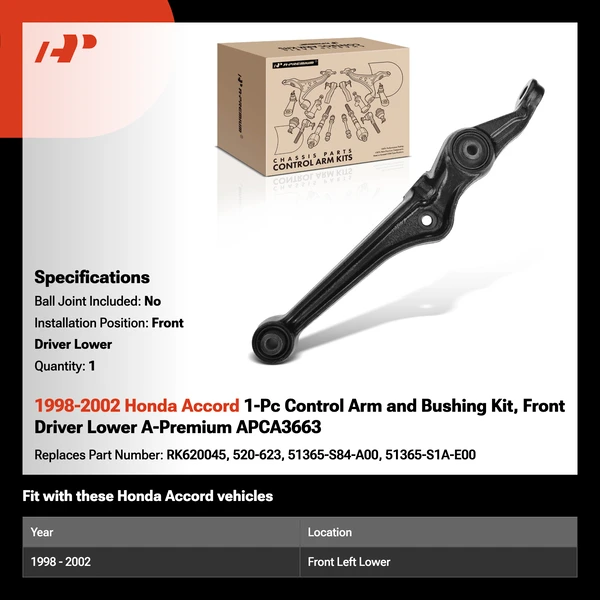 1998-2002 Honda Accord 1-Pc Control Arm and Bushing Kit, Front Driver Lower A-Premium APCA3663