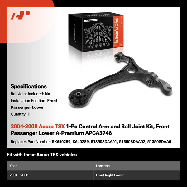 2004-2008 Acura TSX 1-Pc Control Arm and Ball Joint Kit, Front Passenger Lower A-Premium APCA3746