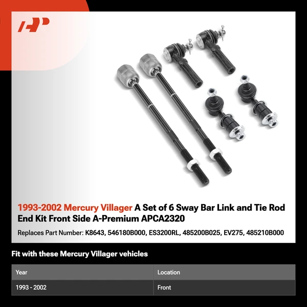 1993-2002 Mercury Villager A Set of 6 Sway Bar Link and Tie Rod End Kit Front Side A-Premium APCA2320