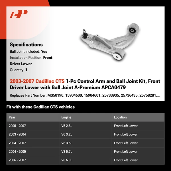 2003-2007 Cadillac CTS 1-Pc Control Arm and Ball Joint Kit, Front Driver Lower with Ball Joint A-Premium APCA0479