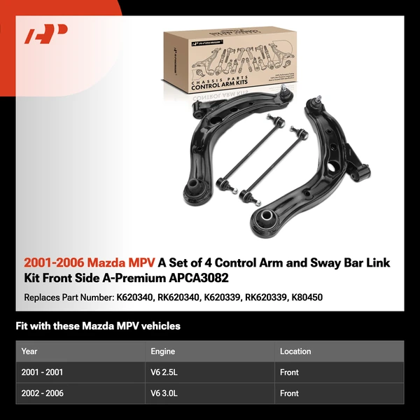 2001-2006 Mazda MPV A Set of 4 Control Arm and Sway Bar Link Kit Front Side A-Premium APCA3082