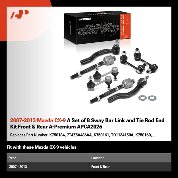 2007-2013 Mazda CX-9 A Set of 8 Sway Bar Link and Tie Rod End Kit Front & Rear A-Premium APCA2025