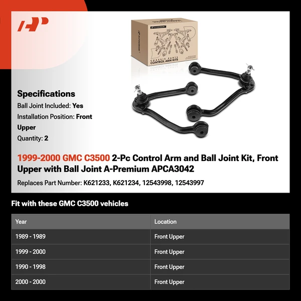 1999-2000 GMC C3500 2-Pc Control Arm and Ball Joint Kit, Front Upper with Ball Joint A-Premium APCA3042