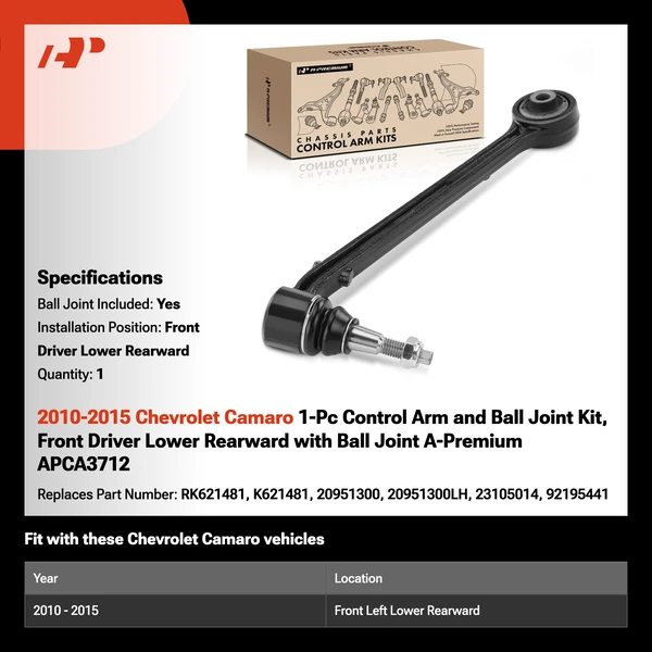 2010-2015 Chevrolet Camaro 1-Pc Control Arm and Ball Joint Kit, Front Driver Lower Rearward with Ball Joint A-Premium APCA3712